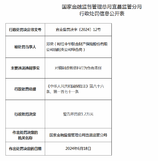 中华联合财险宜昌中心支公司被罚12万元：因编制虚假资料-第3张图片